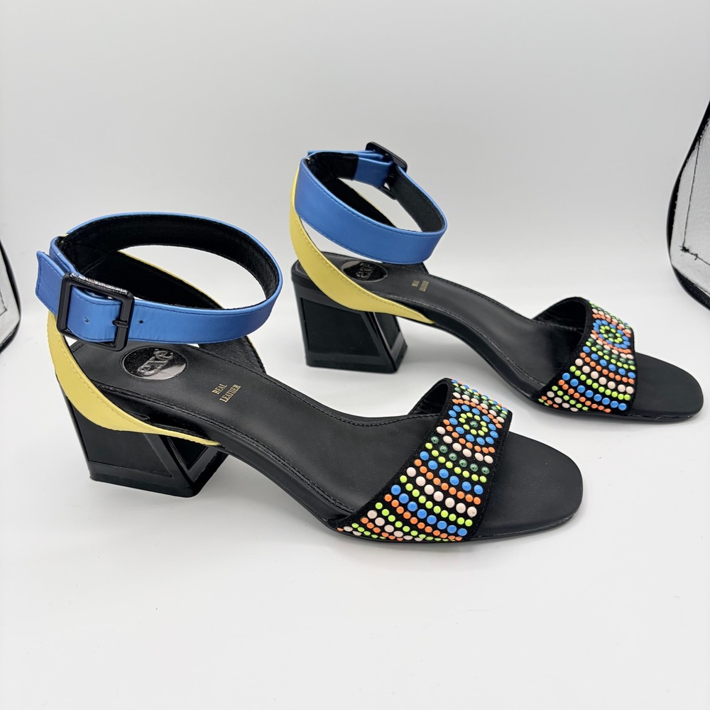 Exé Beaded Block Heel Sandals 38 Artistic Multi Leather Ankle Strap Geometric